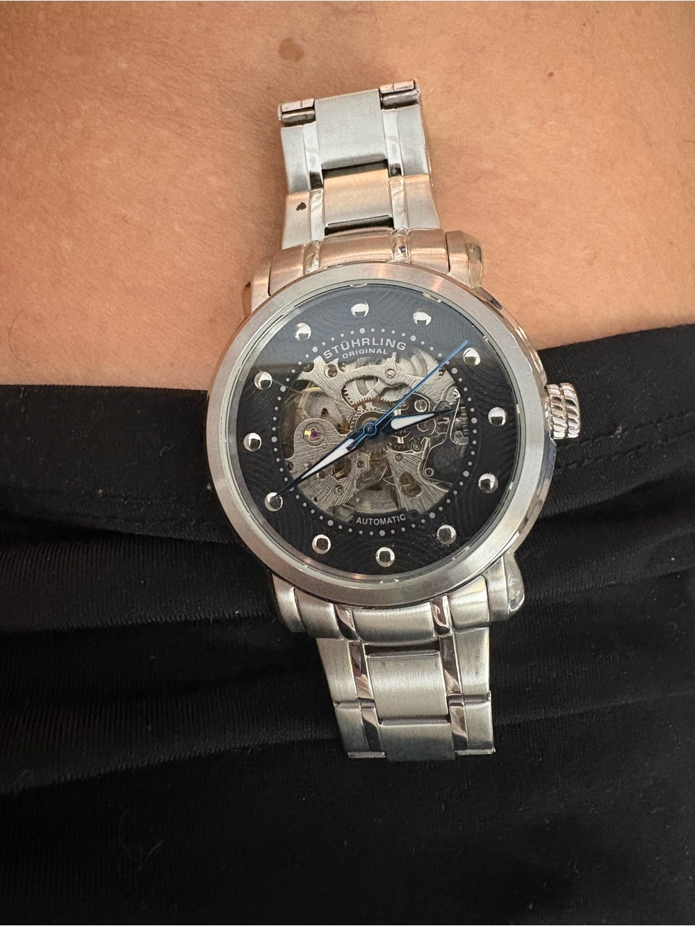 Stuhrling Original Silver Stainless Steel Skeleton Watch with Blue Hands